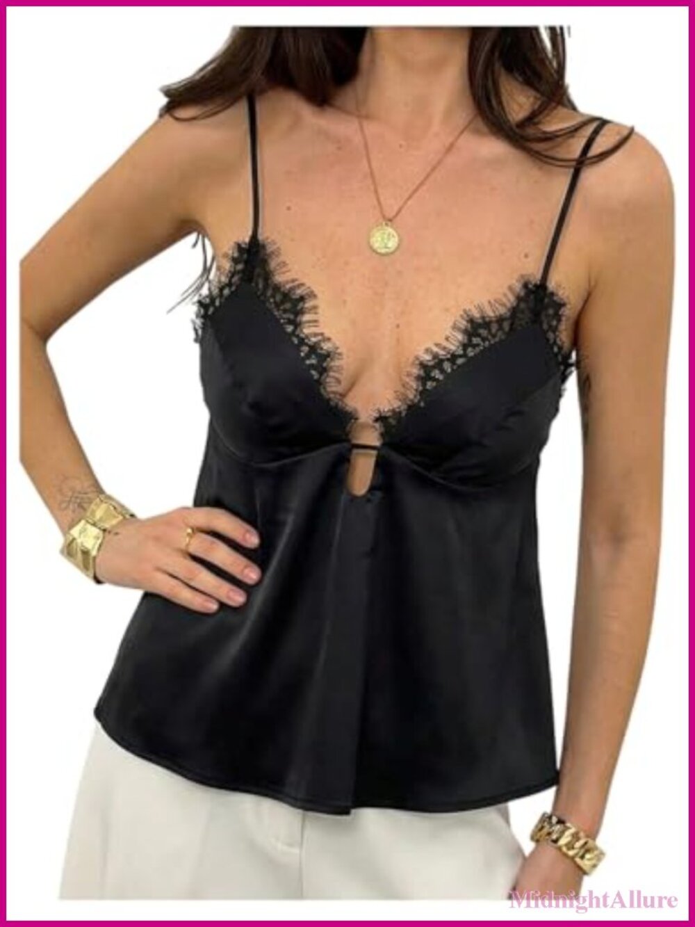 Women's Satin Lace Tank Top Sleeveless V-Neck Open Back Dressy Blouse Clubwear